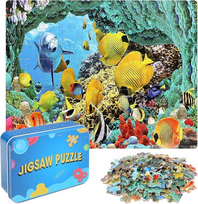 LELEMON 100 Pieces Underwater World Jigsaw Puzzles for Kids Ages 4-8 Year Old Dolphins Fishes Jigsaw Puzzle for Children Boys Girls Learning Ocean Educational Puzzles Toys