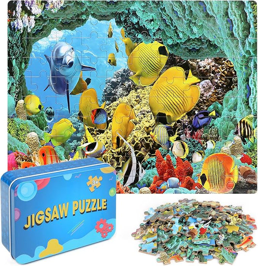 LELEMON 100 Pieces Underwater World Jigsaw Puzzles for Kids Ages 4-8 Year Old Dolphins Fishes Jigsaw Puzzle for Children Boys Girls Learning Ocean Educational Puzzles Toys