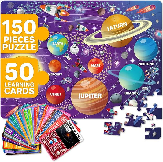 QUOKKA Puzzles for Kids Ages 8-10 - 150 Pcs Jigsaw Puzzles for 6-8 Year Olds - 400+ Facts on 50 Double-Sided Flashcards - Learn Space Education Activity Gift - Shaped Puzzle for Toddlers 4-6