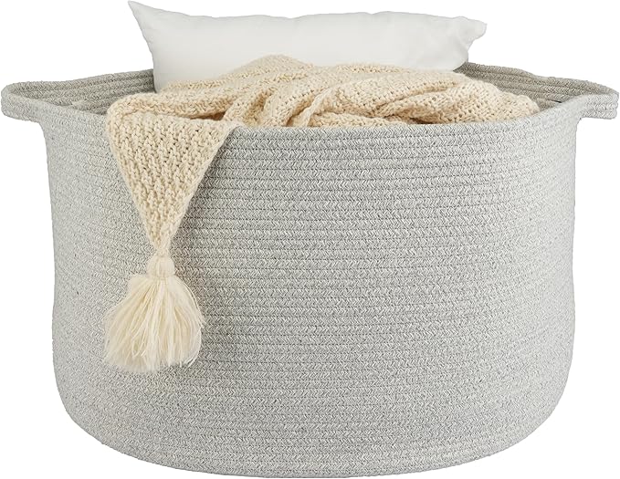 Large Cotton Rope Basket – 22"x14" Woven Storage Baskets for Blankets, Toys, Laundry, and Nursery – Round Basket for Living Room, Kids, and Pets Grey