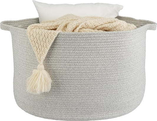 Large Cotton Rope Basket – 22"x14" Woven Storage Baskets for Blankets, Toys, Laundry, and Nursery – Round Basket for Living Room, Kids, and Pets Grey