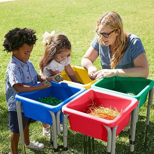 ECR4Kids 4-Station Sand and Water Adjustable Play Table, Sensory Bins, Primary