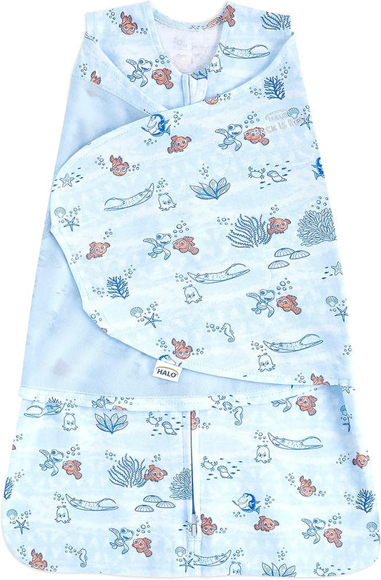 HALO Disney Baby Finding Nemo 100% Cotton Sleepsack Swaddle, 3-Way Adjustable Wearable Blanket, Nemo Tie Dye, Newborn, 0-3 Months