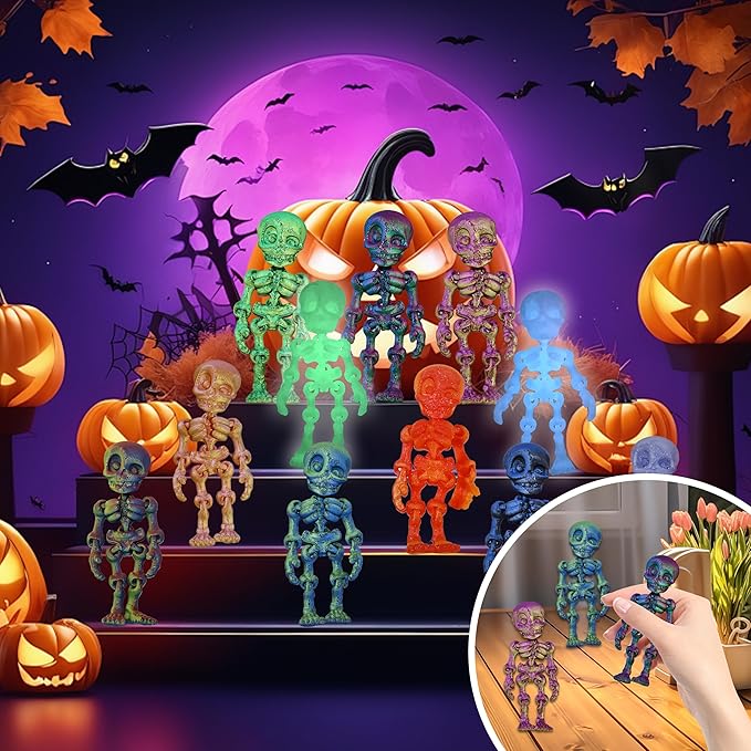14 pcs 3D Printed Skeleton Figurines, Colorful 3.15 Inch Halloween Decorations, Fun Spooky Skull Toys for Desk, Party, or Shelf Display
