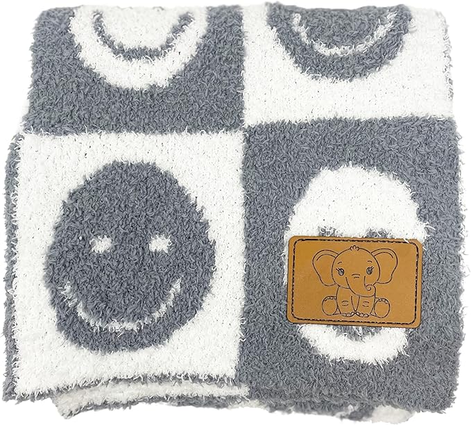 Checkered Smiley Face Baby Blanket 28"x40" - DreamSoft Knit Throw for Crib, Stroller or Car Seat - Receiving Blanket/Newborn Nursery Gift Essential for Toddler, Infant, Kids, Boys & Girls (Gray/White)