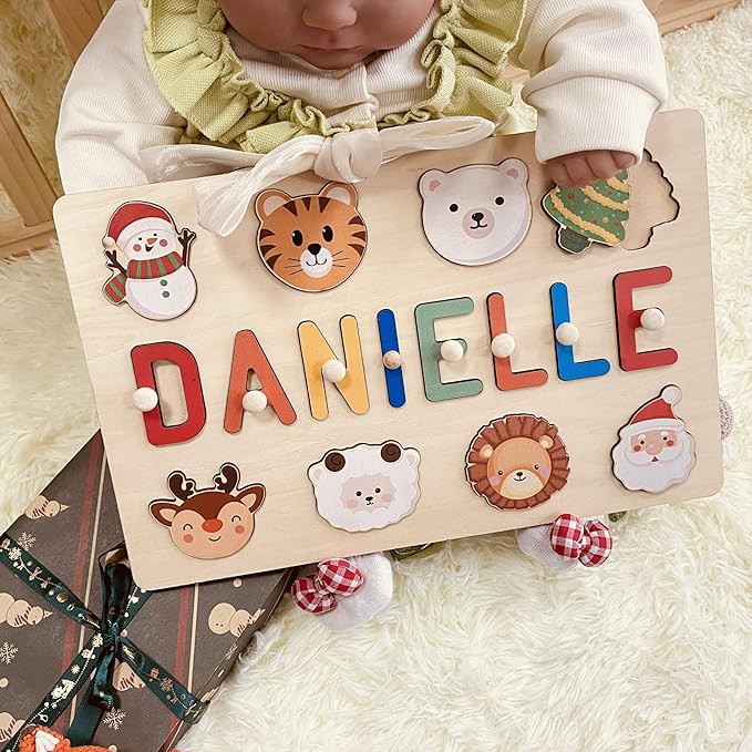 Personalized Name Puzzle for Kids Engraved Text Greetings on Back Custom Wooden Name Signs with Pegs for Baby Boy & Girl 1 Year Old Nursery Gifts Educational Toys Toddler Puzzles for Newborn