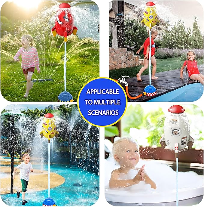 Water Rocket Sprinkler for Kids, Outdoor Sprinkler Rocket Launcher Toy for Backyard, Summer Water Toys for Kids Ages 3-12, Fun Water Powered Rocket Toy (Yellow-3)
