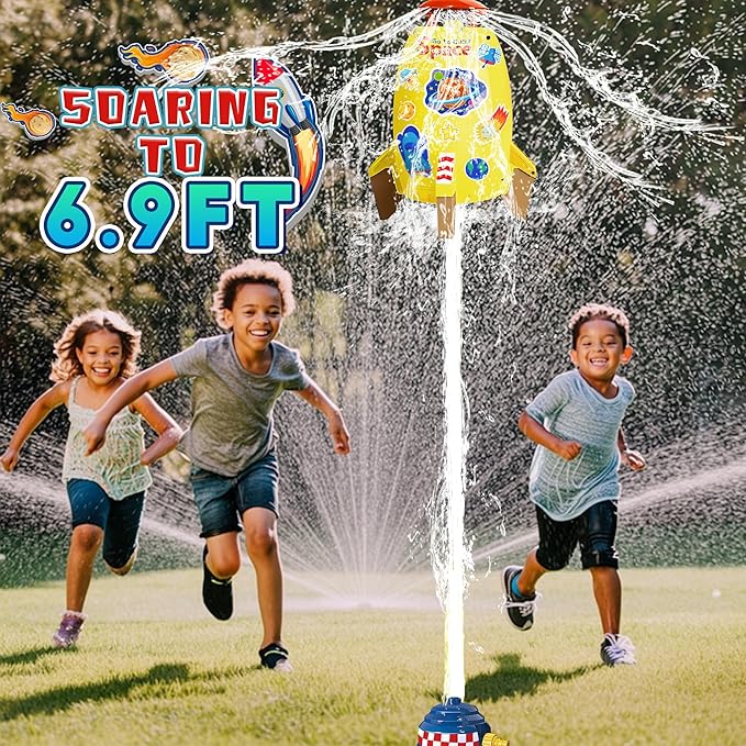 Water Rocket Sprinkler for Kids, Outdoor Sprinkler Rocket Launcher Toy for Backyard, Summer Water Toys for Kids Ages 3-12, Fun Water Powered Rocket Toy (Yellow-3)
