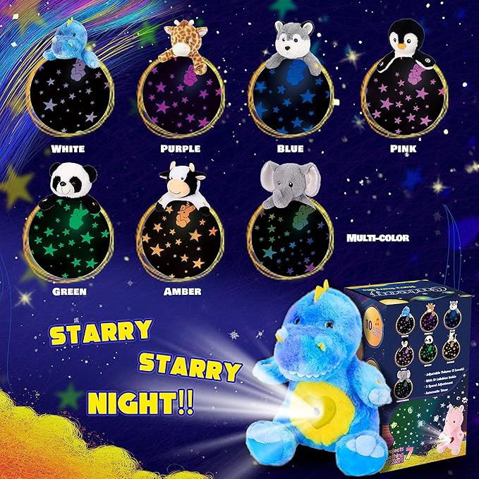 Cuteoy Plush Blue Dinosaur Star Projector Musical Adjustable Singing Night Light Stuffed Animals Glowing T-Rex Plushies Toy Gifts for Kids Birthday Easter Christmas,11''