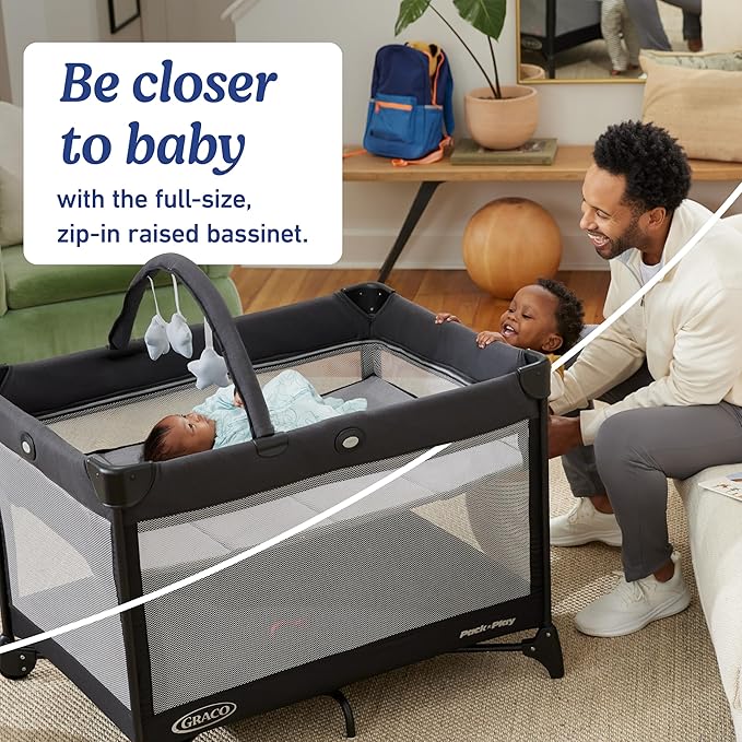 Graco On The Go Zip DLX Pack ‘n Play Playard, Folding Playpen with Bassinet, Portable Crib, Parker