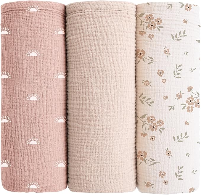 Konssy Muslin Swaddle Blankets for Baby Girls Boys, 3 Pack Receiving Blanket Large 47 x 47 inches, Soft Breathable Muslin Baby Blanket for Unisex Newborn (Peach Blossom Sun)