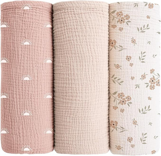 Konssy Muslin Swaddle Blankets for Baby Girls Boys, 3 Pack Receiving Blanket Large 47 x 47 inches, Soft Breathable Muslin Baby Blanket for Unisex Newborn (Peach Blossom Sun)