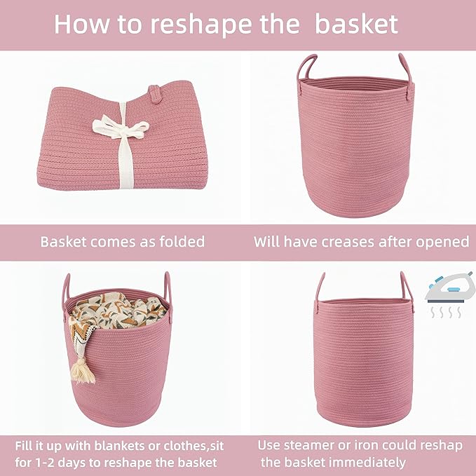 Cotton Rope Laundry Basket Hamper for Clothes Woven Storage Basket for Living Room Bedroom Boho Tall Rope Baskets for Blanket Toys Pillow Towels Baby Nursery Hamper Bin grape purple