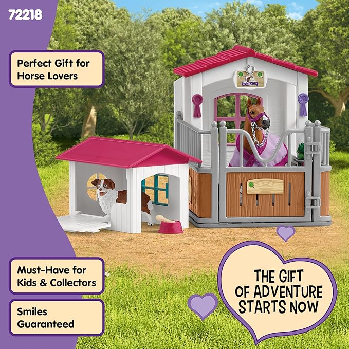 Schleich Horse Club - 32 PC Stall and Doghouse Playset with Horse Figurine and Toy Dog for Girls and Boys - Kids Ages 5+ | 72218