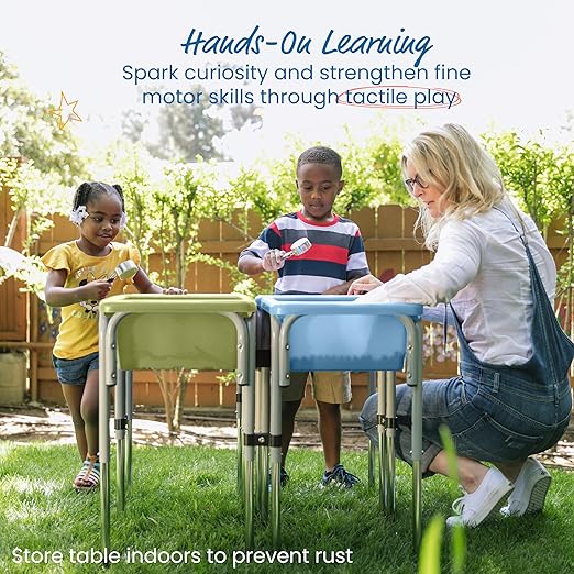 ECR4Kids 4-Station Sand and Water Adjustable Play Table, Sensory Bins, Fern Green/Powder Blue