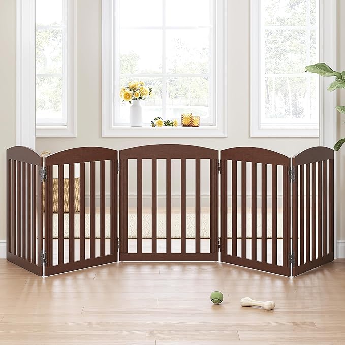 SPIRICH 120" Extra Wide 28" Tall Dog Gate Indoor, Dog Gates for Doorways, Stairs, The House, Wooden Freestanding Foldable Pet Gate, Step Over Puppy Safety Fence, 5 Panels, Brown