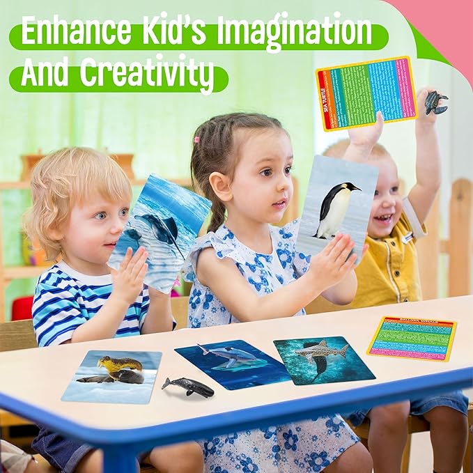 12 PCS Plastic Marine Animal Figurines with 12 Introduction Flashcards, Ocean Animals Learning Recognition Cards Realistic Undersea Animal Figures Educational Learning Toy Set for Kids, Classroom