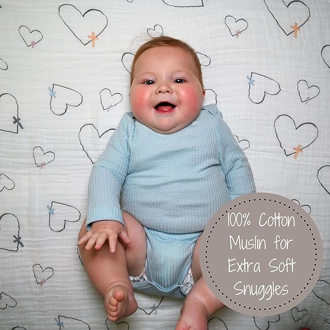 LollyBanks Baby Swaddle Blanket, 100% Cotton Muslin Blankets for Boys and Girls, Large 47 x 47 Inches Soft and Breathable Swaddles for Newborns, Cozy Baby Receiving Blankets, Registry (Heart Print)