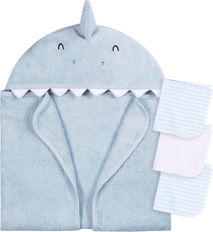 Gerber Baby 4 Piece Animal Character Hooded Towel and Washcloth Set, Blue Shark, One Size