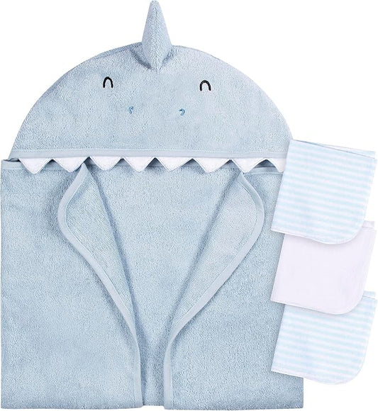 Gerber Baby 4 Piece Animal Character Hooded Towel and Washcloth Set, Blue Shark, One Size