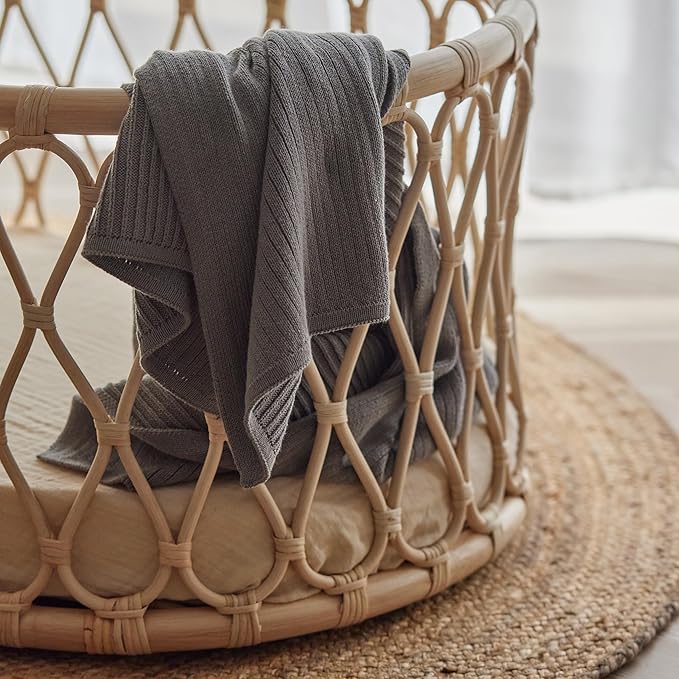 Knitted Organic Cotton Baby Blanket- Swaddle Blanket, 30" x 40" Soft Receiving Blanket for Newborn (Ribbed-Cloud Grey)