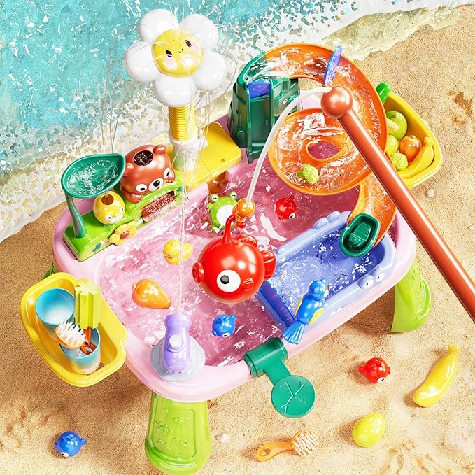 Water Table Play Sink Toys for Toddlers, Kids Play Kitchen Sink with Running Water, 360° Electric Faucet, Floating Fishing Game, Sensory Water Table Toys for Boys Girls Summer Gifts - Pink