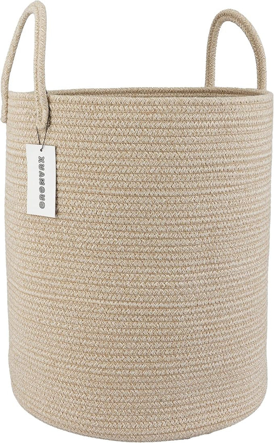 Cotton Rope Laundry Basket Hamper for Clothes Woven Storage Basket for Living Room Bedroom Boho Tall Rope Baskets for Blanket Toys Pillow Towels Baby Nursery Hamper Bin oatmeal