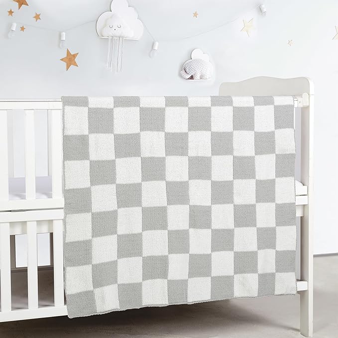 CREVENT 30"X40" Cozy Soft Warm Chenille Baby Blanket for Girls Boys, Newborn Essentials for Infant, Baby Shower Receiving Gift - Checked Grey 75X100cm