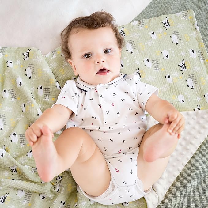 GLLQUEN BABY Blankets for Unisex Newborn Super Soft Nursery Minky Blankets with Muslin Cotton Front and Dotted Fleece Backing, Happy Little Sheep, 30 x 40 inches
