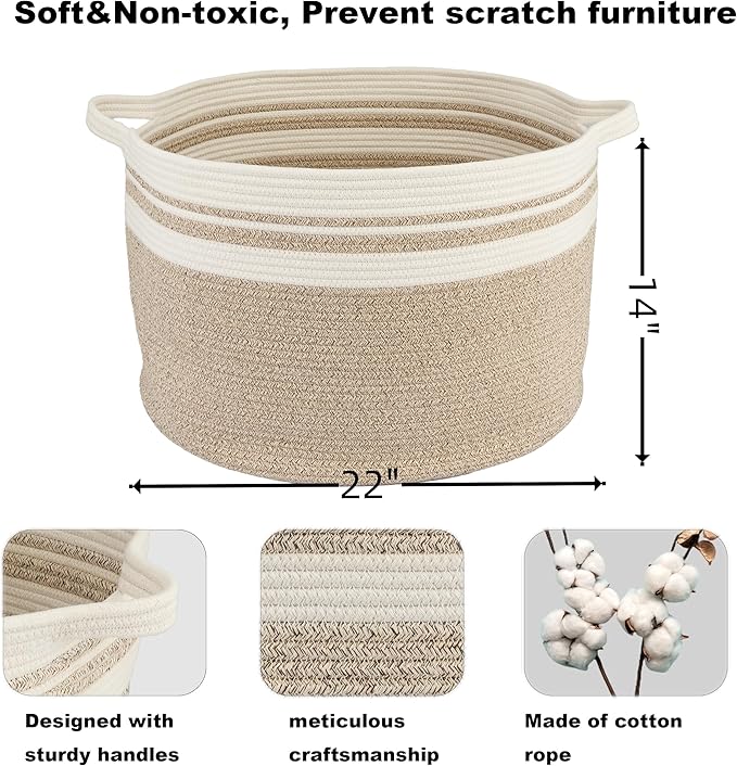 Large Cotton Rope Basket Blankets Basket Living Room 22"x14" Toy Baskets for Kids Rope Storage Basket for Nursery Woven Laundry Baskets for Clothes Towels Baby Toy Storage round white brown