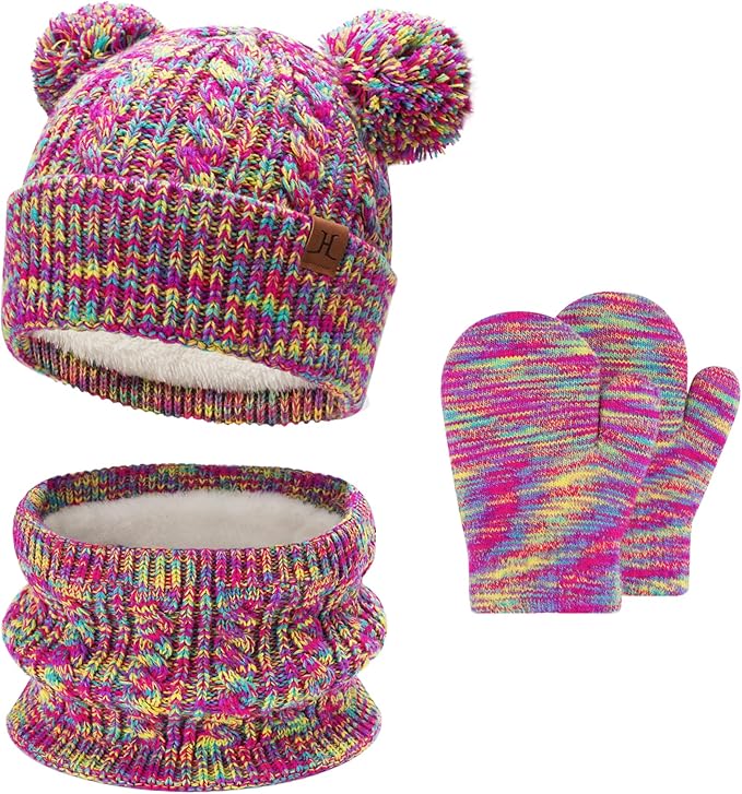 Kids Toddlers Winter Beanie Hats Gloves Neck Scarf Set Mittens Gifts for 0 6 12 Months 1 2 3 4-8 Year Old Baby Girls Boys