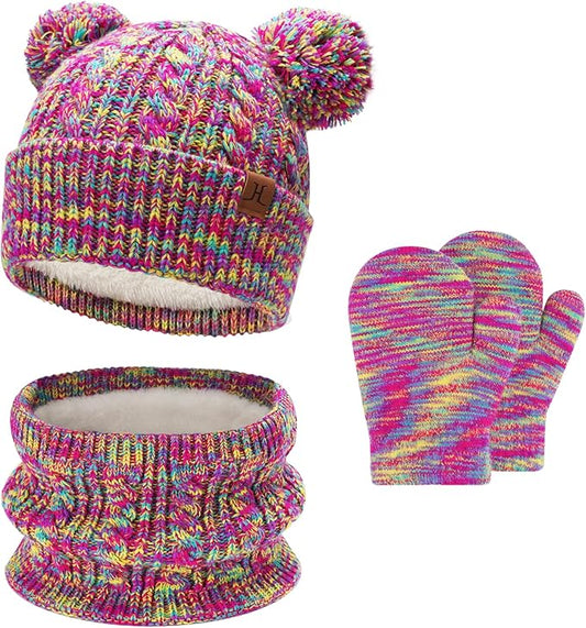 Kids Toddlers Winter Beanie Hats Gloves Neck Scarf Set Mittens Gifts for 0 6 12 Months 1 2 3 4-8 Year Old Baby Girls Boys