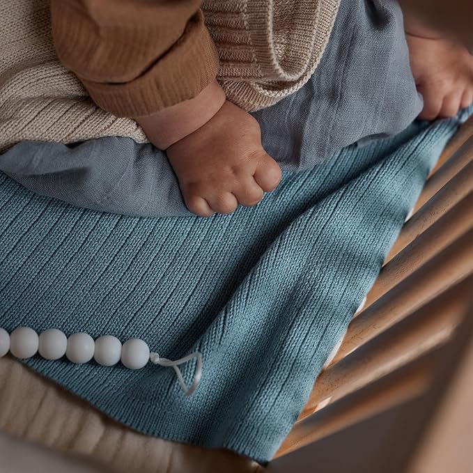 Knitted Organic Cotton Baby Blanket- Swaddle Blanket, 30" x 40" Soft Receiving Blanket for Newborn 2-Pack (Fog and Polar Blue)