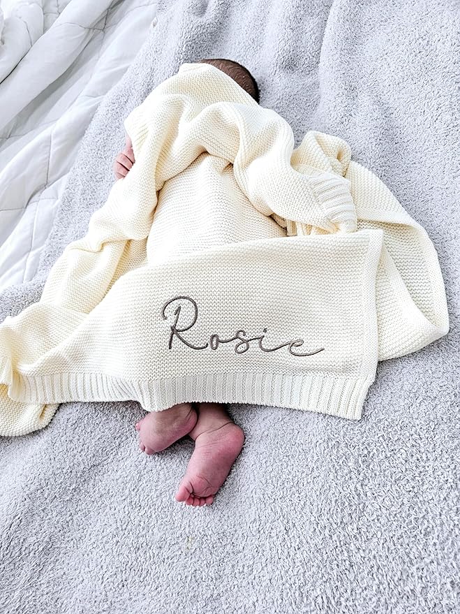 NAZENTI Cotton Knit Blanket, Personalized Baby Blanket with Name Embroidery, Newborn Gift, 30x40in, Unisex