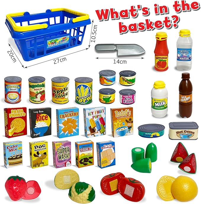 Small World Toys Kids Grocery Basket Play Food Set, Pretend Food Kids Shopping Basket Toddler Playset, 32 Pcs Grocery Food Play Kitchen Accessories, Educational Toddler Toys for Girls & Boys