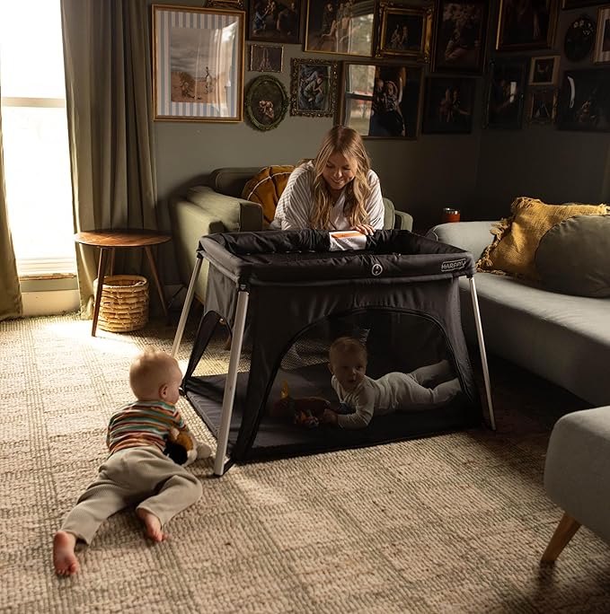 HARPPA Travel Crib with Comfy Mattress, Lightweight Portable Crib Requires No Assembly, Foldable Pack and Play for Baby and Toddlers, Compact Play Yard with Bed,Black