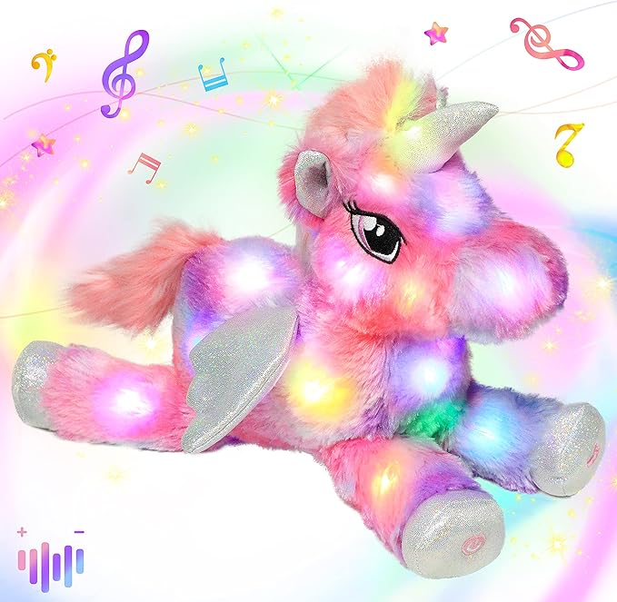 Hopearl Colorful LED Musical Stuffed Unicorn Lighting Up Singing Plush Toy Adjustable Volume Lullaby Animated Soothe Birthday Festival for Kids Toddler Girls, Rainbow, 16''