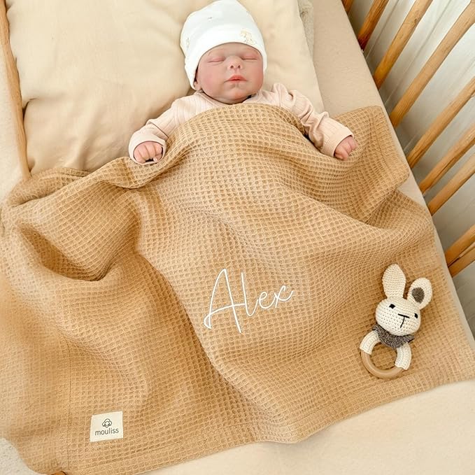 Personalized Baby Blanket with Name – Handmade 100% Organic Cotton Newborn Gift | Custom Knit Blanket for Boys, Girls, Kids & Baby Showers