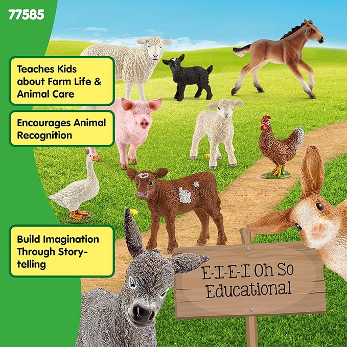 Schleich Farm World - 10 PC Farm Animal Playset with Cow, Donkey, Chicken, Pig, Bunny, Horse Toys and More -Realistic Barnyard Figurines - Fun Educational Figures For Kids and Toddlers Ages 3+ - 77585
