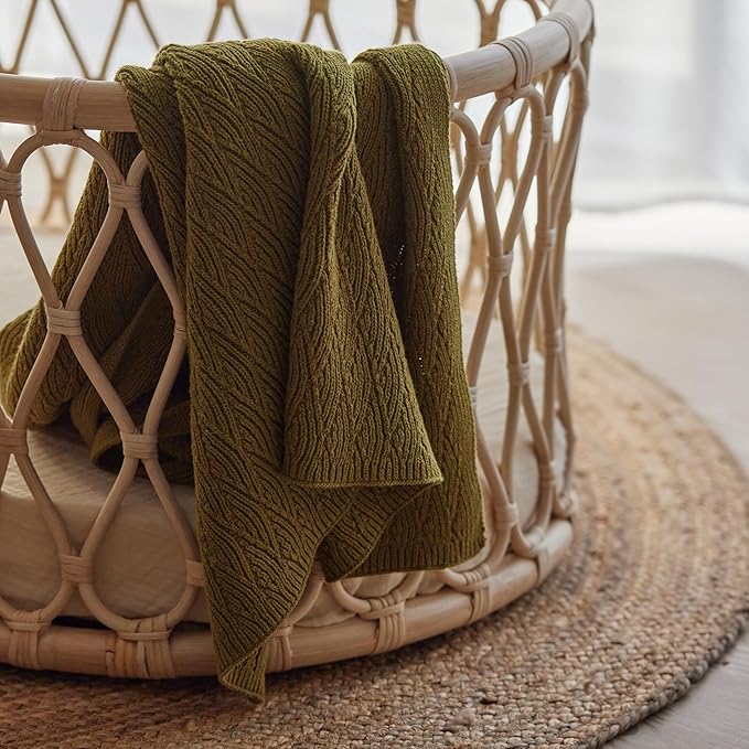Knitted Organic Cotton Baby Blanket- Swaddle Blanket, 30" x 40" Soft Receiving Blanket for Newborn (Moss Green)