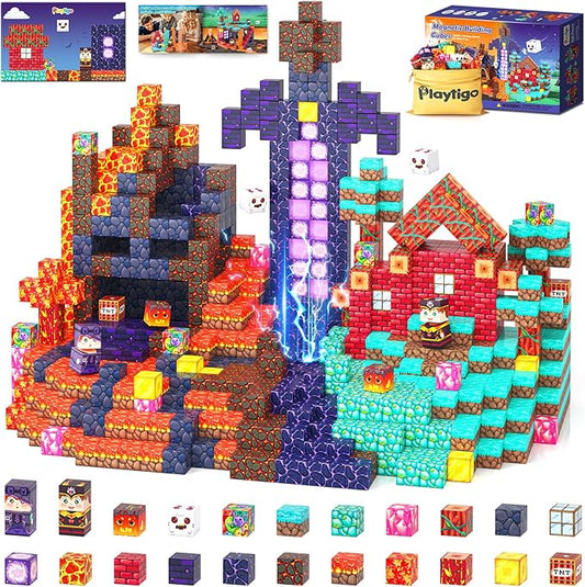 154PCS Magnetic Blocks Mine Magnet World Block Cubes Toy with Magnet Board for Kids Ages 4-8, Magnetic Tiles Kids Sensory Birthday Gifts Game Toys for Boys & Girls Ages 3+