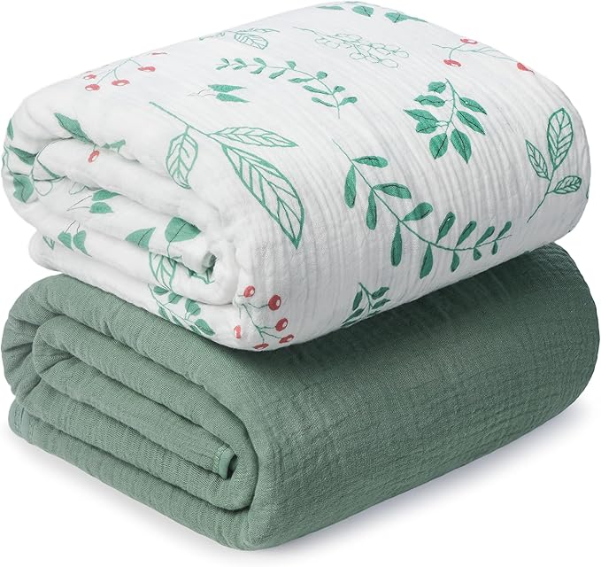 Muslin Swaddle Blankets for Newborn, 2 Pack Breathable Soft Receiving Blanket, Large 41 x 41 inches Swaddle Wrap Burping Clothes, Essentials Infant Shower Items. (Green & Leaves)