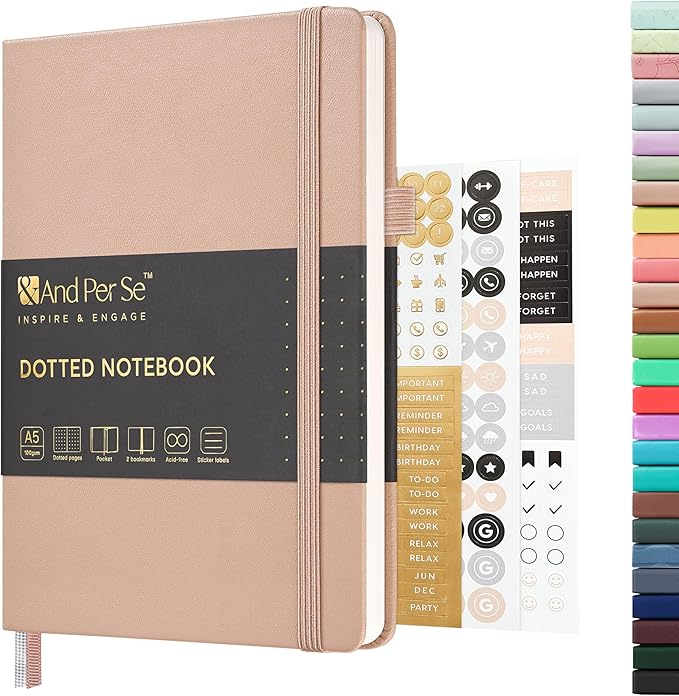 &And Per Se Dotted Journal Notebook, A5 Hardcover Leather Bullet Dotted Journal, 160 Pages 100 gsm Thick Dotted Paper，3 Sheets of Stickers Included - 5.7'' x 8''（Apricot）