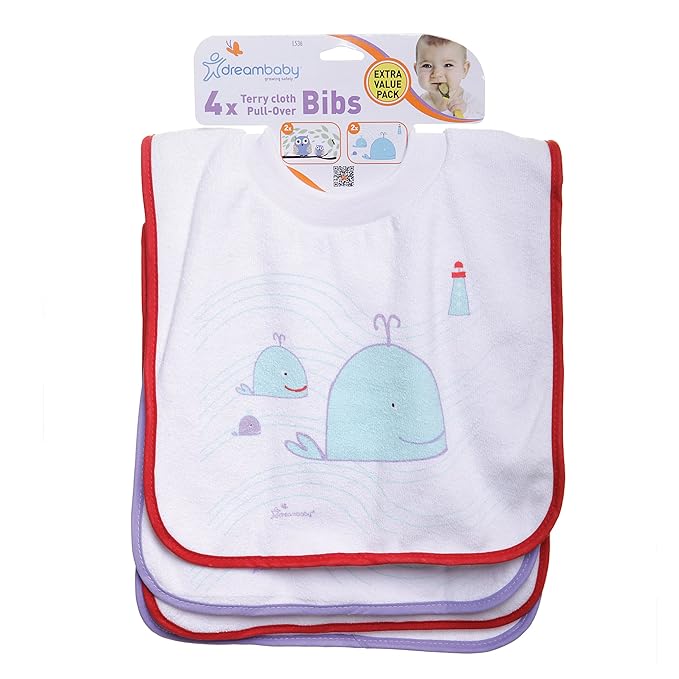 Dreambaby Terry Cloth Cotton Pullover Baby Bibs for Teething Feeding and Drooling - Super Absorbent & Extra Soft - Machine Washable for Easy Cleaning - Owl and Whales