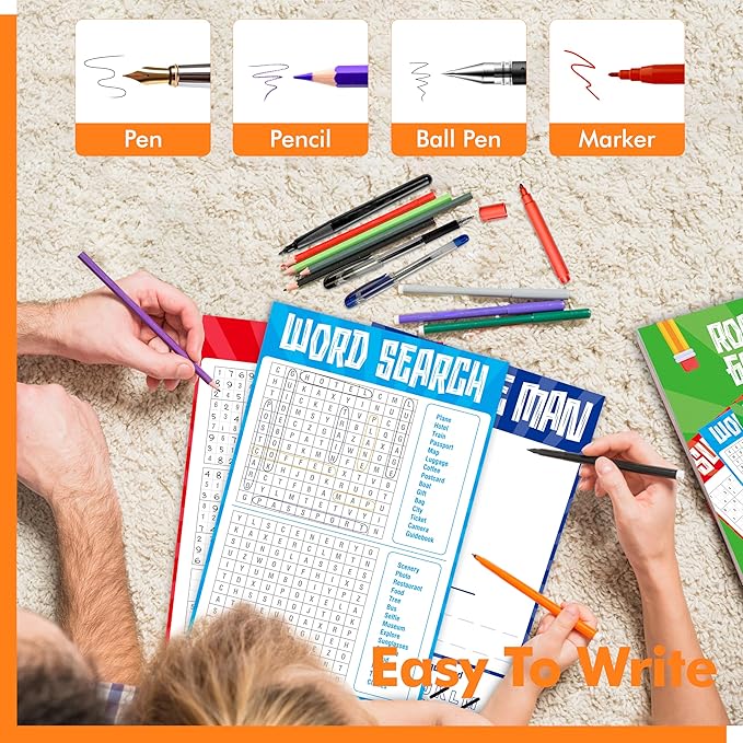 Road Trip Game Pad, 80 Perforated Sheets Travel Activity Pad, 5 Games in 1 Pad, Plane, Car Trip Activity, Pen Pencil & Paper Game for Kids, Adults (6” x 9”)