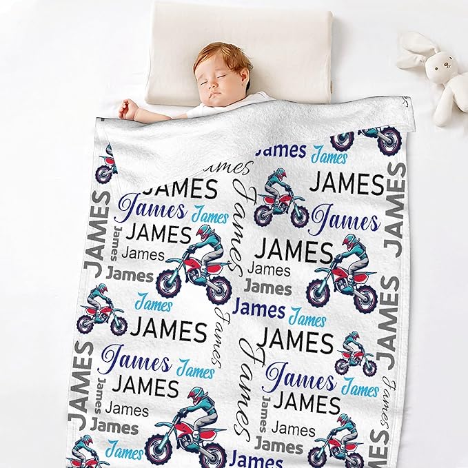 Personalized Baby Blanket for Girls Boys Motocross Custom Baby Blanket with Name Swaddle Blanket for Toddlers Infants Kids Shower Newborns Nursery Stroller Crib Decor Throw Birthday Gift