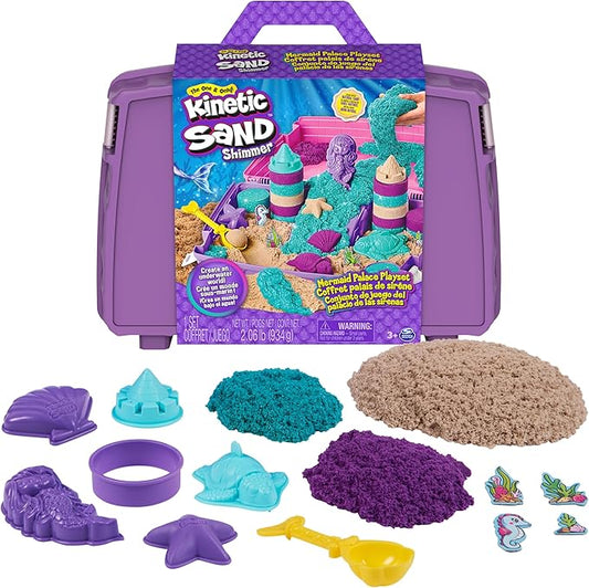 Kinetic Sand, Mermaid Palace Playset Folding Sandbox with 2.06lbs Play Sand (Neon Purple, Shimmer Teal & Beach), Tools, Sensory Toys, Holiday Gifts & Stocking Stuffers for Kids Ages 3 and up