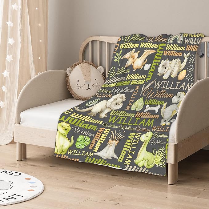Personalized Dinosaur Custom Baby Blanket with Name - Swaddle Blanket for Toddlers, Infants, Kids - Shower, Newborns, Nursery, Stroller, Crib Decor - Throw - Birthday Gift
