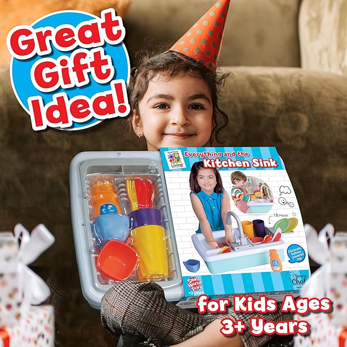 Small World Toys Play Sink with Running Water, Kids Play Kitchen Sink Toys for Kids Age 3+, Automatic Faucets with Realistic Dishes, Toddler Sink Pretend Play Set Gifts for Girls and Boys