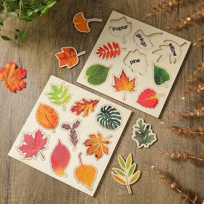 Kathfly 2 Pieces Leaf Wooden Jigsaw Puzzles Leaf Puzzle Montessori Toy Early Educational Learning for Birthday Gift Early Education School(Fresh)
